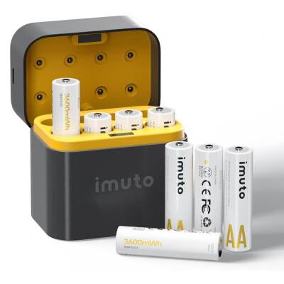 Imuto 3600 mWh AA Lityum Şarjlı Pil Seti (8’li) + 8 Yuvalı Şarj Ünitesi - 1