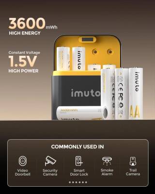Imuto 3600 mWh AA Lityum Şarjlı Pil Seti (8’li) + 8 Yuvalı Şarj Ünitesi - 3