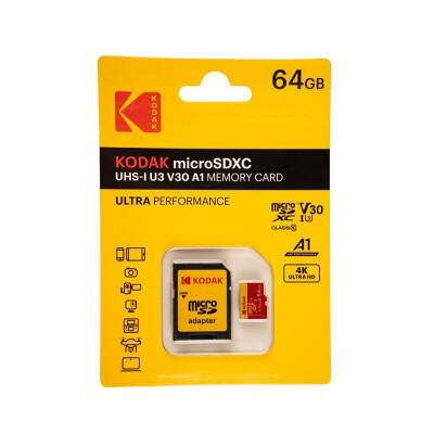 Kodak 64GB UHS-I U3 V30 Micro SD Kart + Adaptör (Kırmızı) - 1