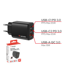 Verbatim Essentials GaN 65W Şarj Adaptörü 3-Port - Siyah (32352) - 4