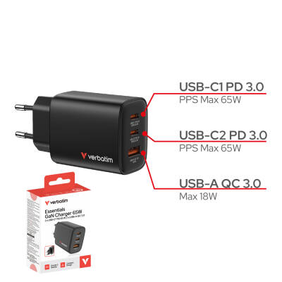 Verbatim Essentials GaN 65W Şarj Adaptörü 3-Port - Siyah (32352) - 4